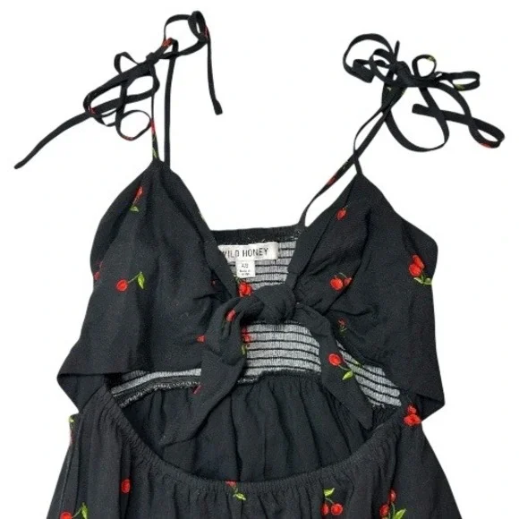 Wild Honey Black Cherry Print Tie Front Cutout Mini Dress XS Cottagecore Cute - Picture 3 of 7